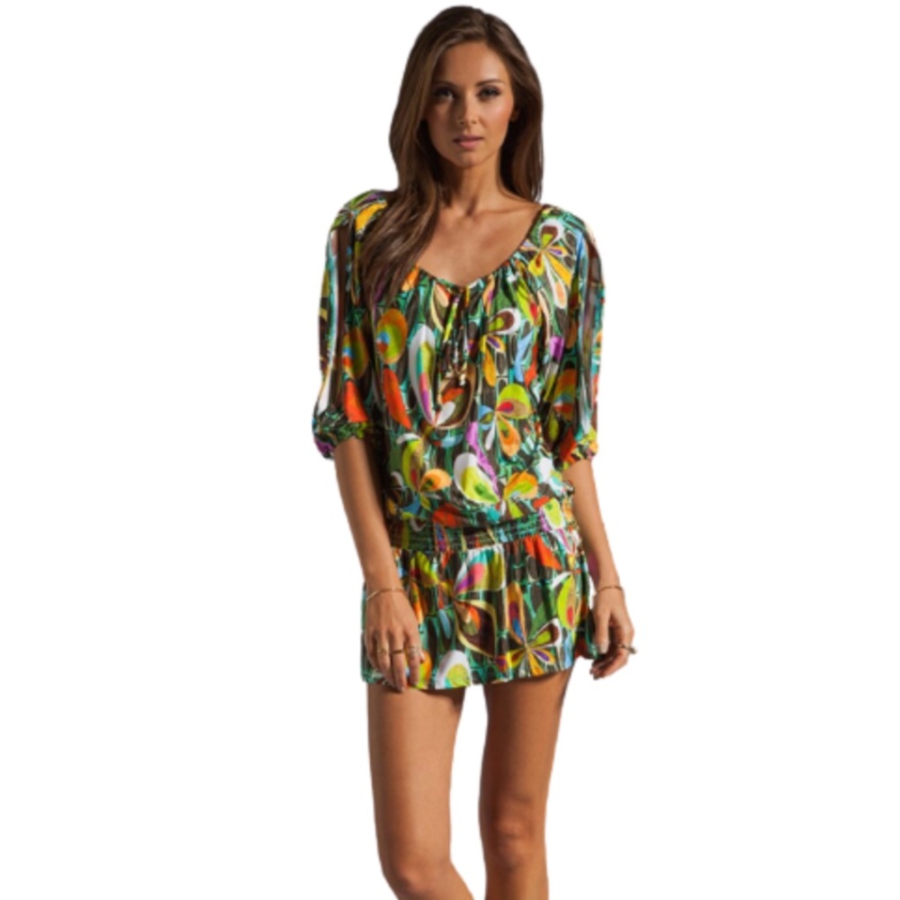 Trina Turk Rex Ray Tunic Cover Up Dress Women's Small Green Yellow Mini Smocked